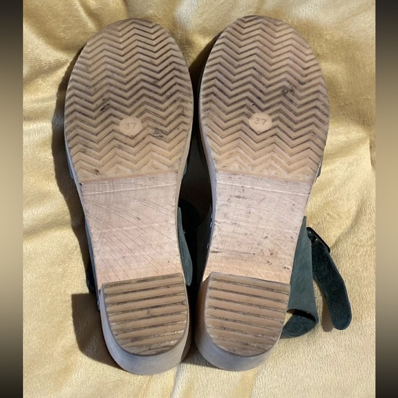 Funkis Swedish Forms Frida Heel Sandals Sz 37 Green Suede Wood Clog Platform - Picture 11 of 12